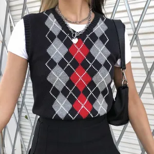 "THREE COLOR MIXED DIAMOND CHECK" SWEATER VEST N103001