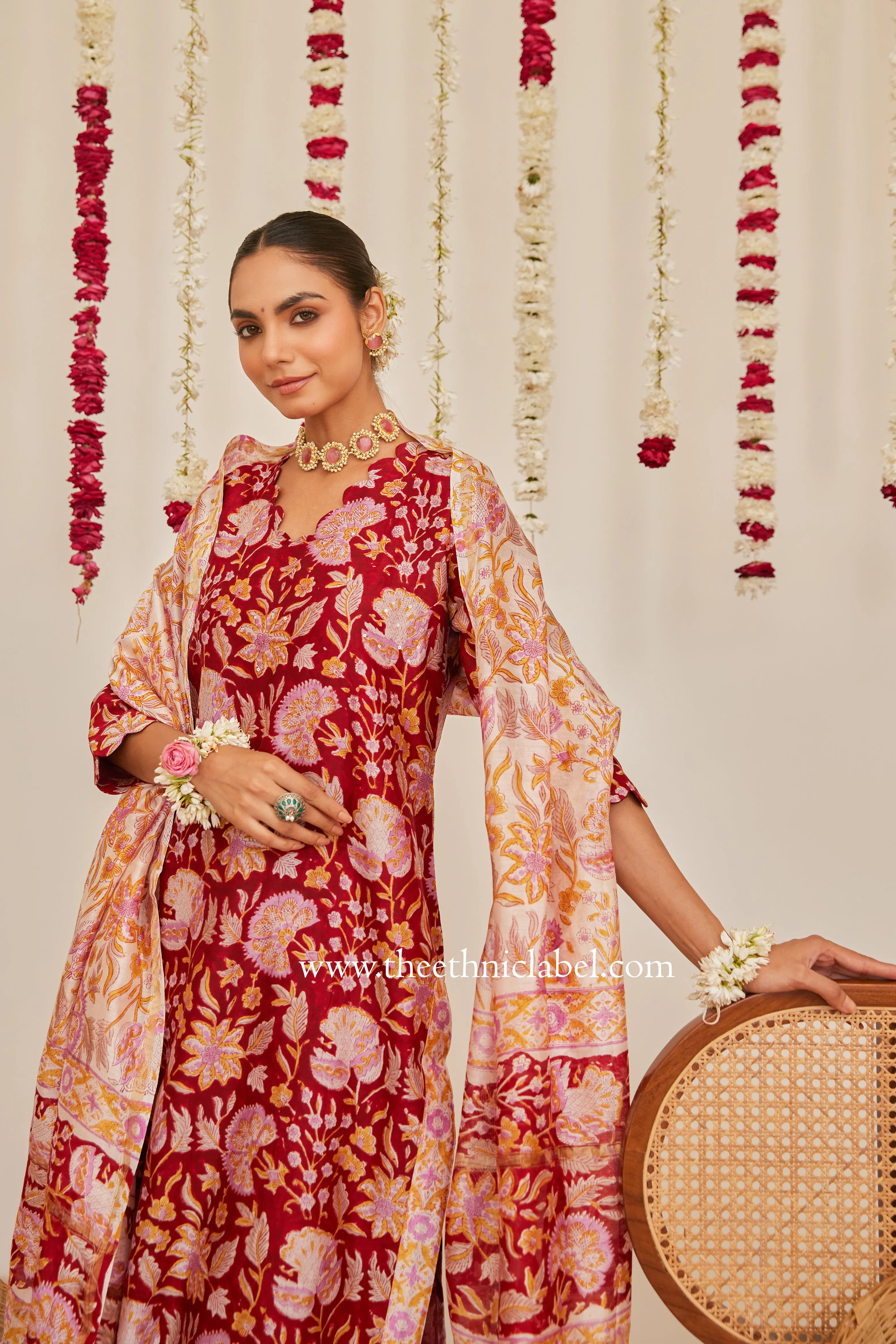 "Vedika" Red Scalloped Hand Block Printed Chanderi Suit Set (3pc)