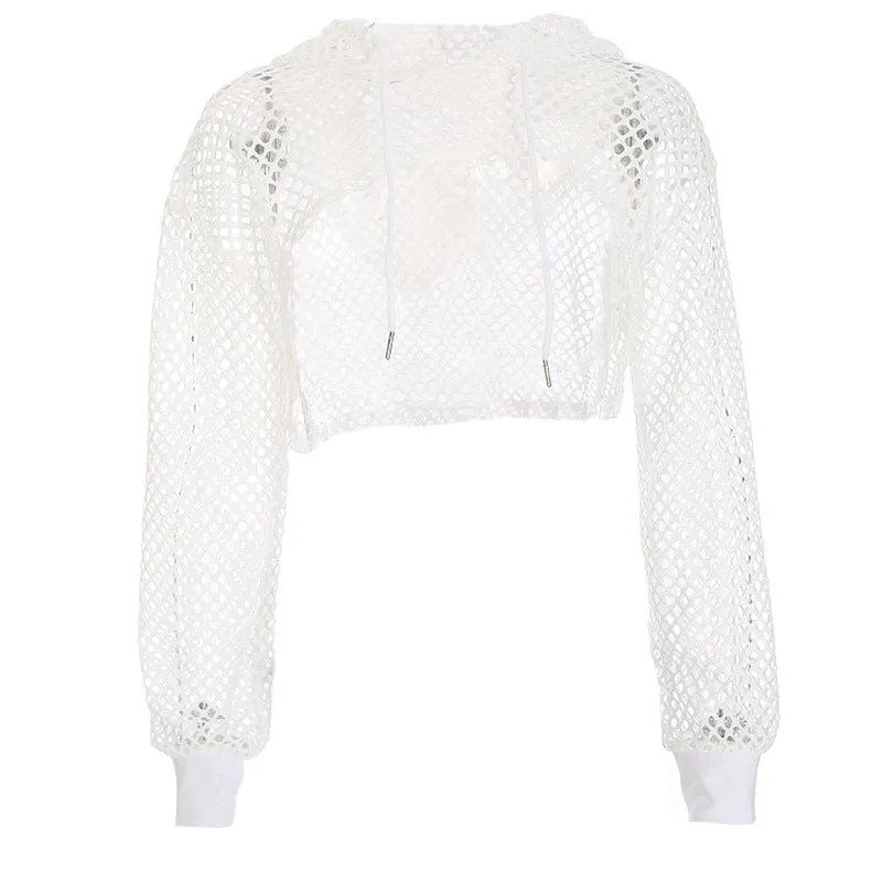 "WHITE/BLACK/GREEN MESH HOLLOW" SUPER SHORT TOP HOODIE UB2435