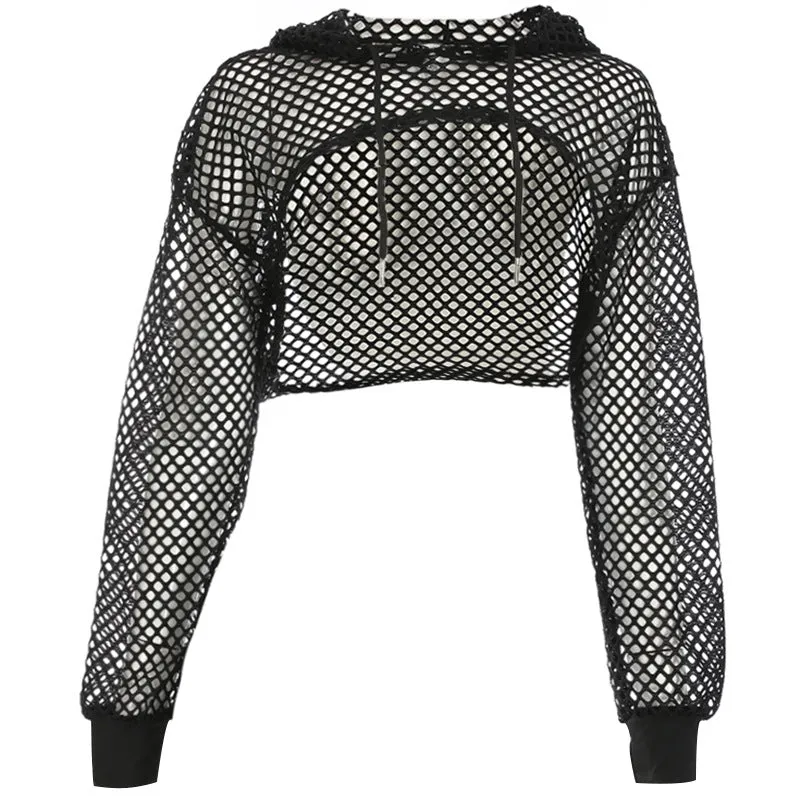 "WHITE/BLACK/GREEN MESH HOLLOW" SUPER SHORT TOP HOODIE UB2435