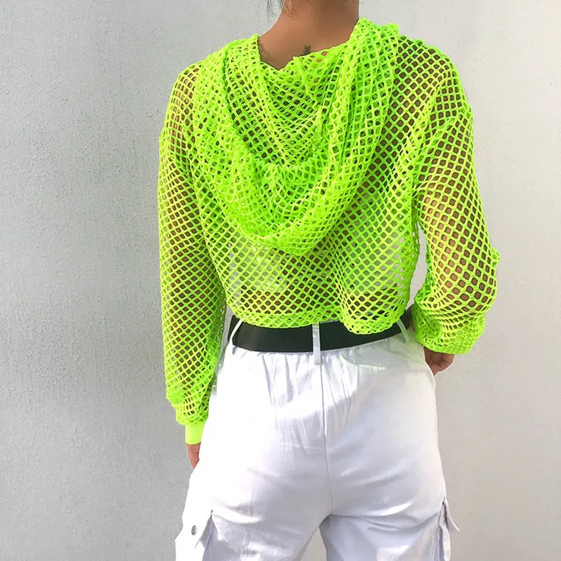 "WHITE/BLACK/GREEN MESH HOLLOW" SUPER SHORT TOP HOODIE UB2435