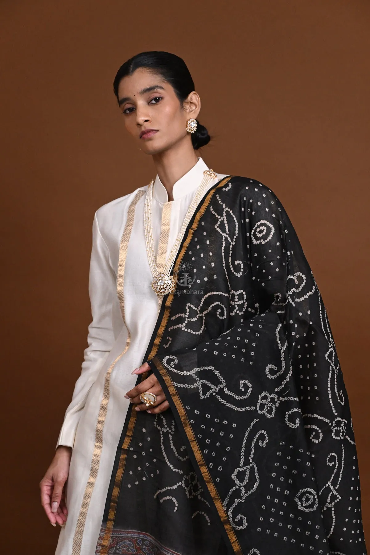 Rakbaa - Black Ajrakh Rai Bandhej dupatta in Chanderi
