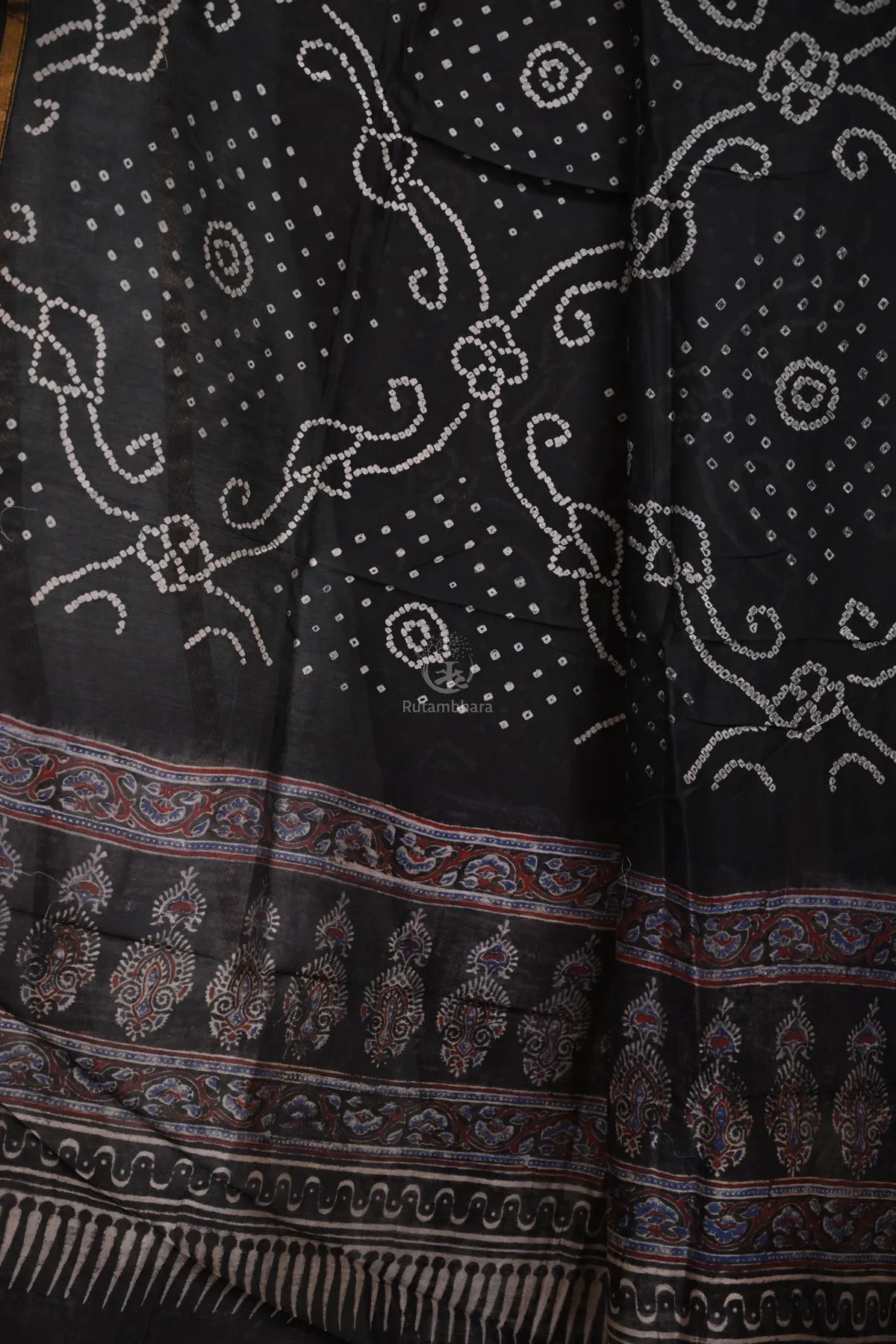 Rakbaa - Black Ajrakh Rai Bandhej dupatta in Chanderi