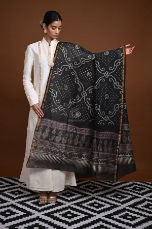 Rakbaa - Black Ajrakh Rai Bandhej dupatta in Chanderi