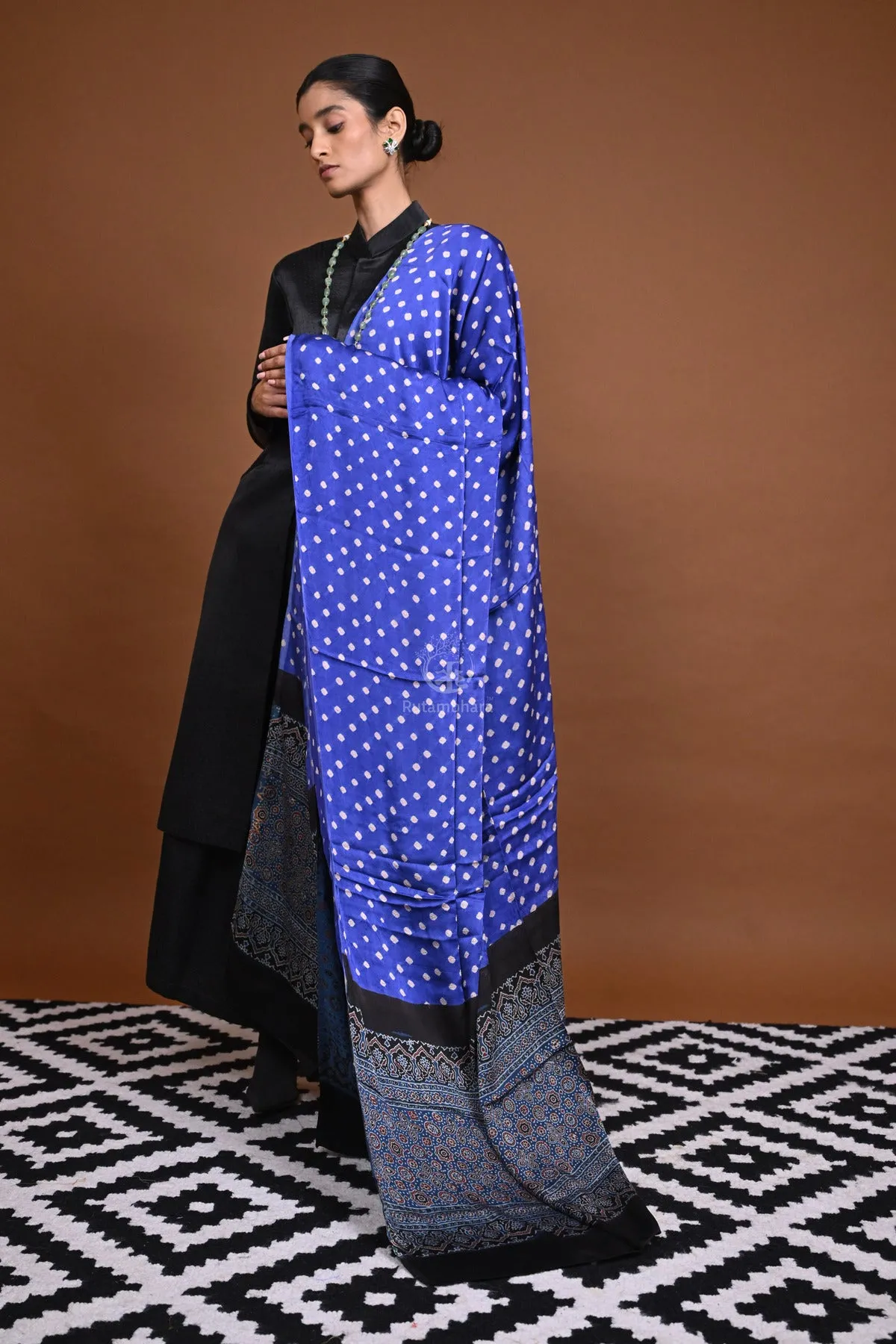 Rakbaa - Blue Black Ajrakh Bandhej dupatta in Modal silk
