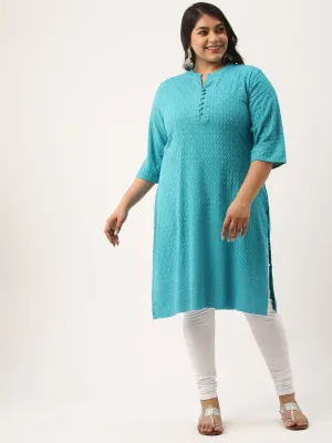 Rama Green Rayon Band Collar 3/4th Sleeves Chikankari Embroidery Ethnic Wear Kurta For Women - ZOLA