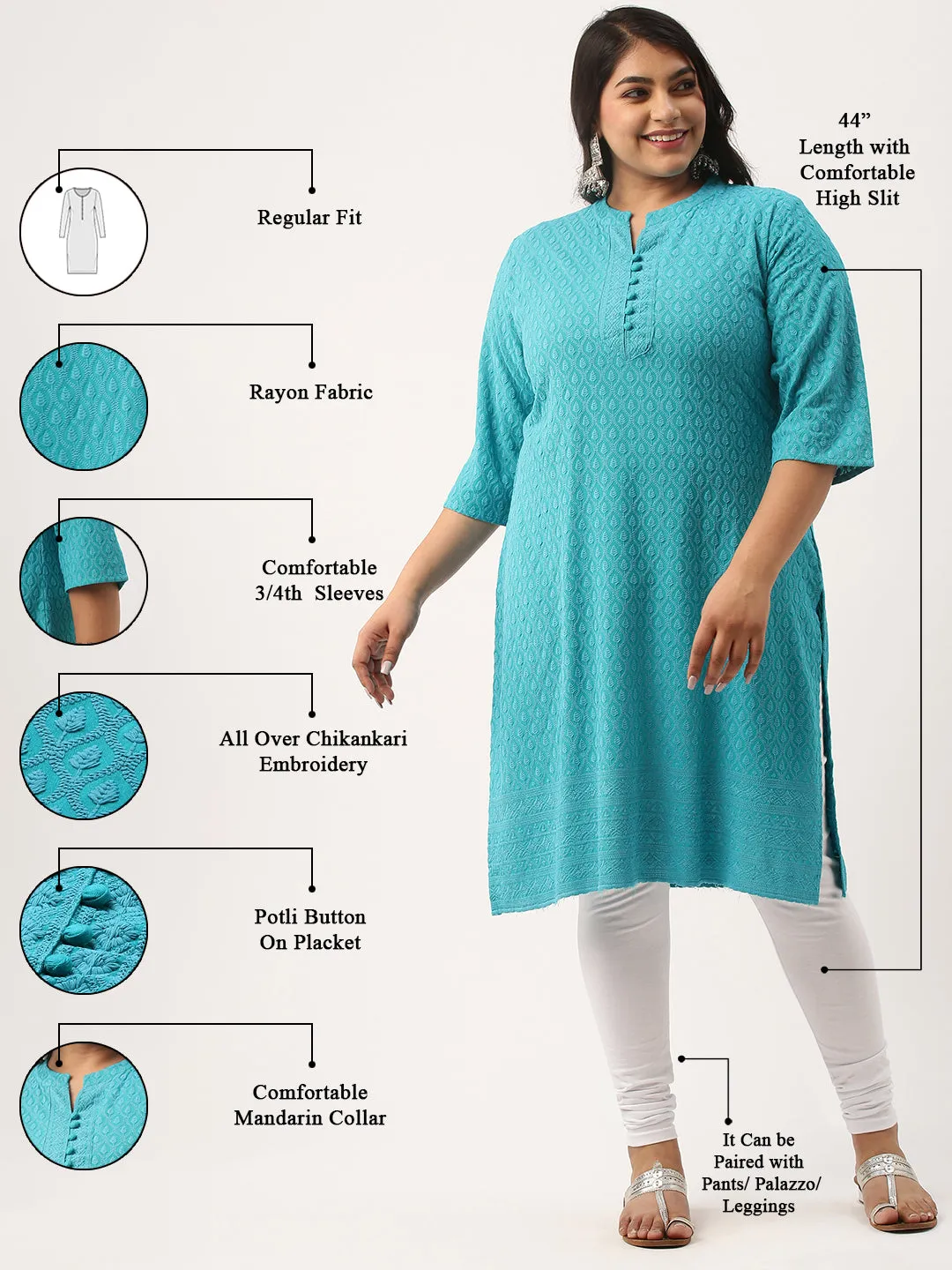 Rama Green Rayon Band Collar 3/4th Sleeves Chikankari Embroidery Ethnic Wear Kurta For Women - ZOLA