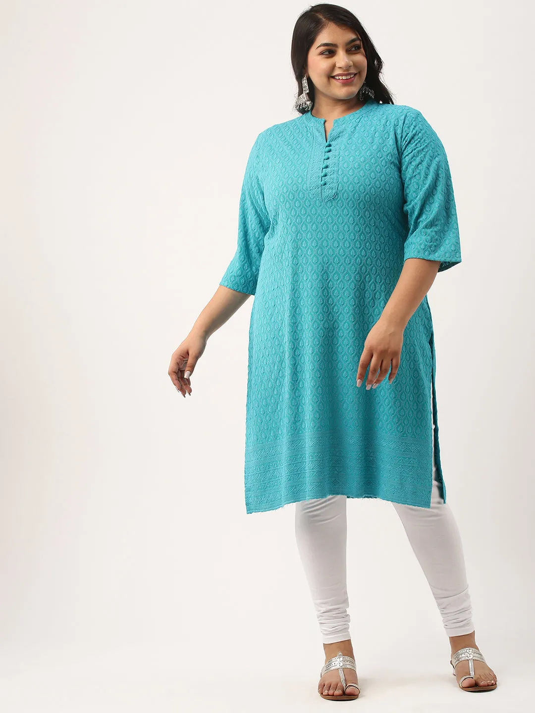 Rama Green Rayon Band Collar 3/4th Sleeves Chikankari Embroidery Ethnic Wear Kurta For Women - ZOLA