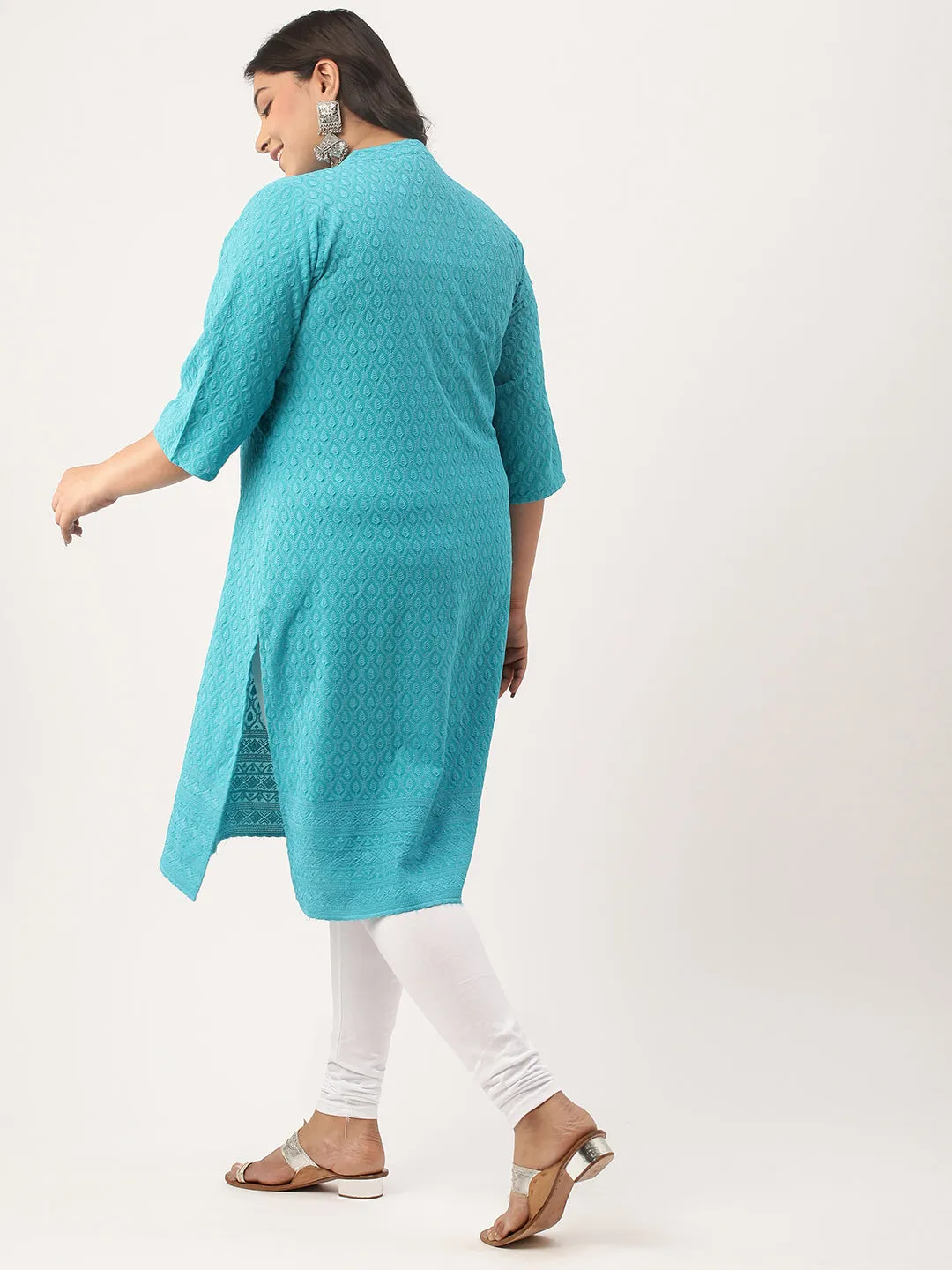 Rama Green Rayon Band Collar 3/4th Sleeves Chikankari Embroidery Ethnic Wear Kurta For Women - ZOLA