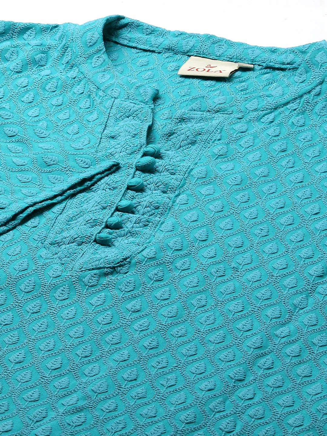 Rama Green Rayon Band Collar 3/4th Sleeves Chikankari Embroidery Ethnic Wear Kurta For Women - ZOLA