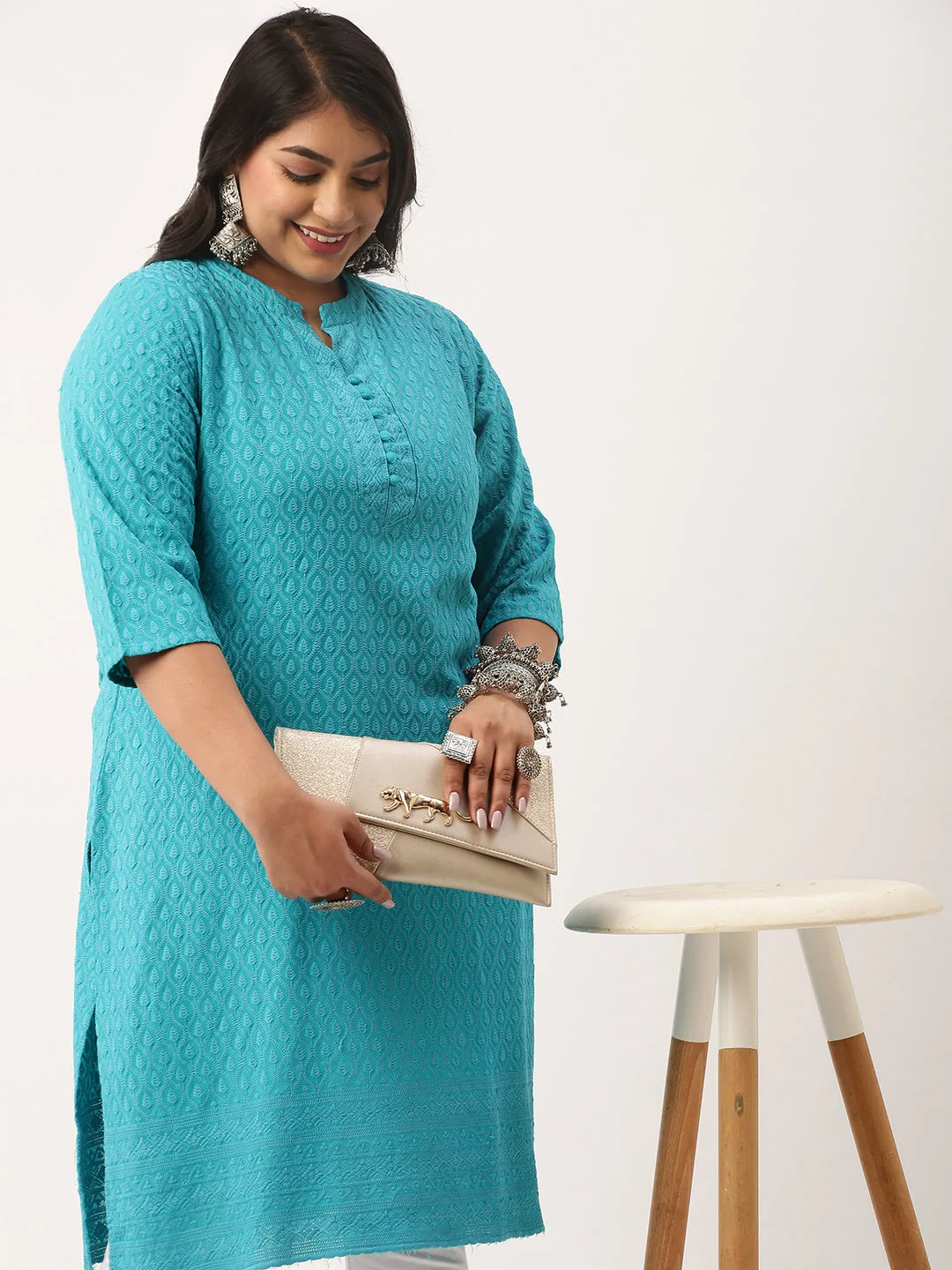 Rama Green Rayon Band Collar 3/4th Sleeves Chikankari Embroidery Ethnic Wear Kurta For Women - ZOLA