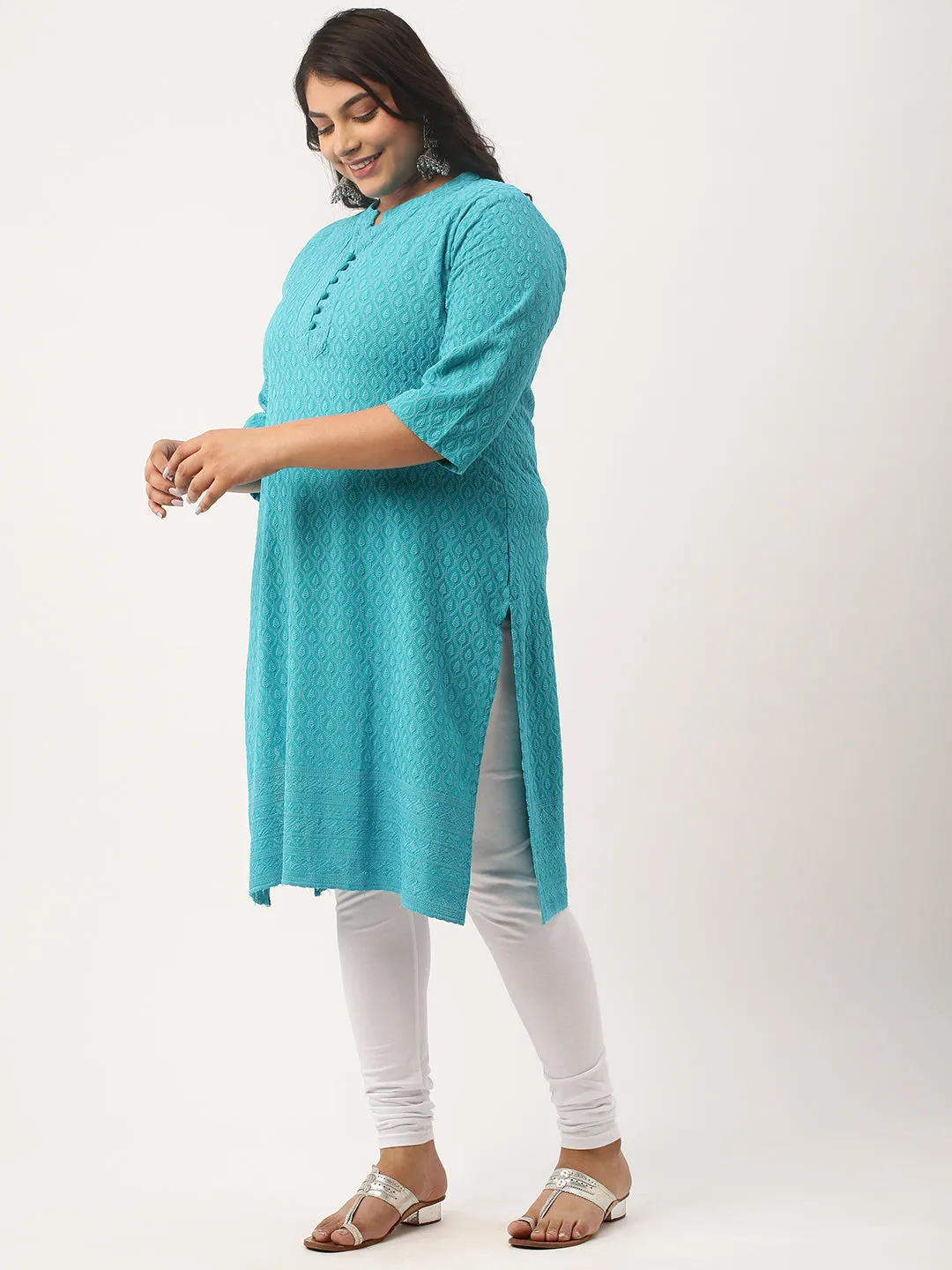 Rama Green Rayon Band Collar 3/4th Sleeves Chikankari Embroidery Ethnic Wear Kurta For Women - ZOLA
