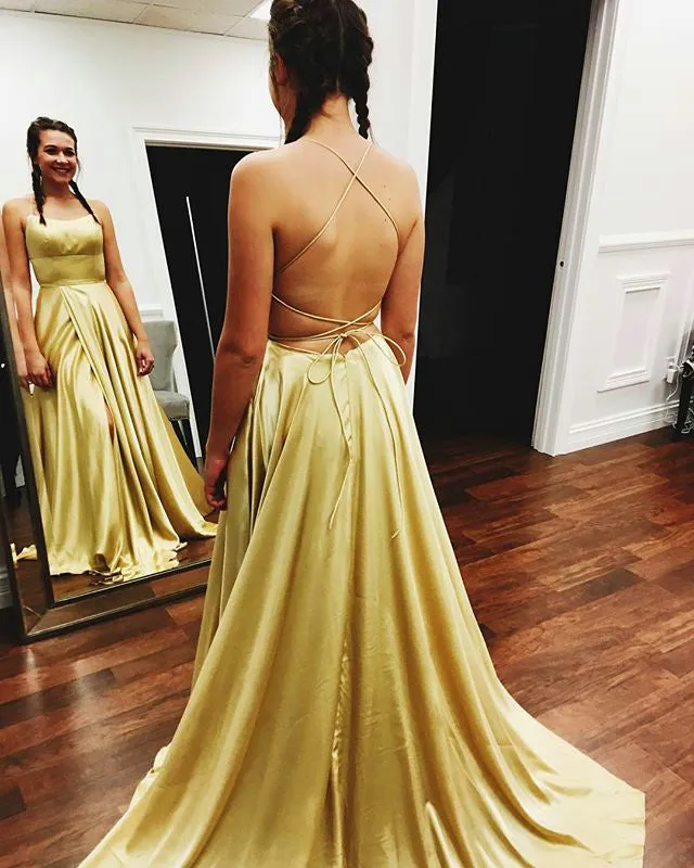 Real Photos Green Prom Dresses with Criss-Cross Straps Sexy Slit Evening Party Gowns 2018 Long