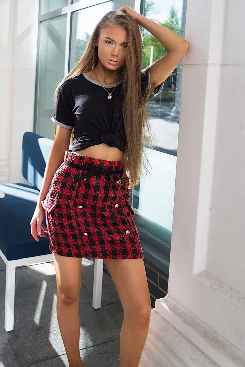 Red and Black Check Button Front Skirt - Dalena