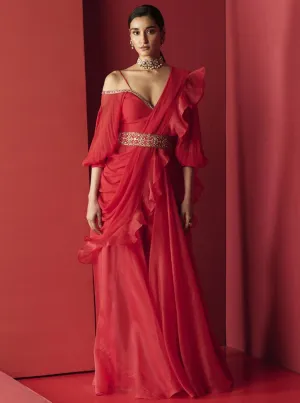 Red Chiffon Organza Jumpsuit Set