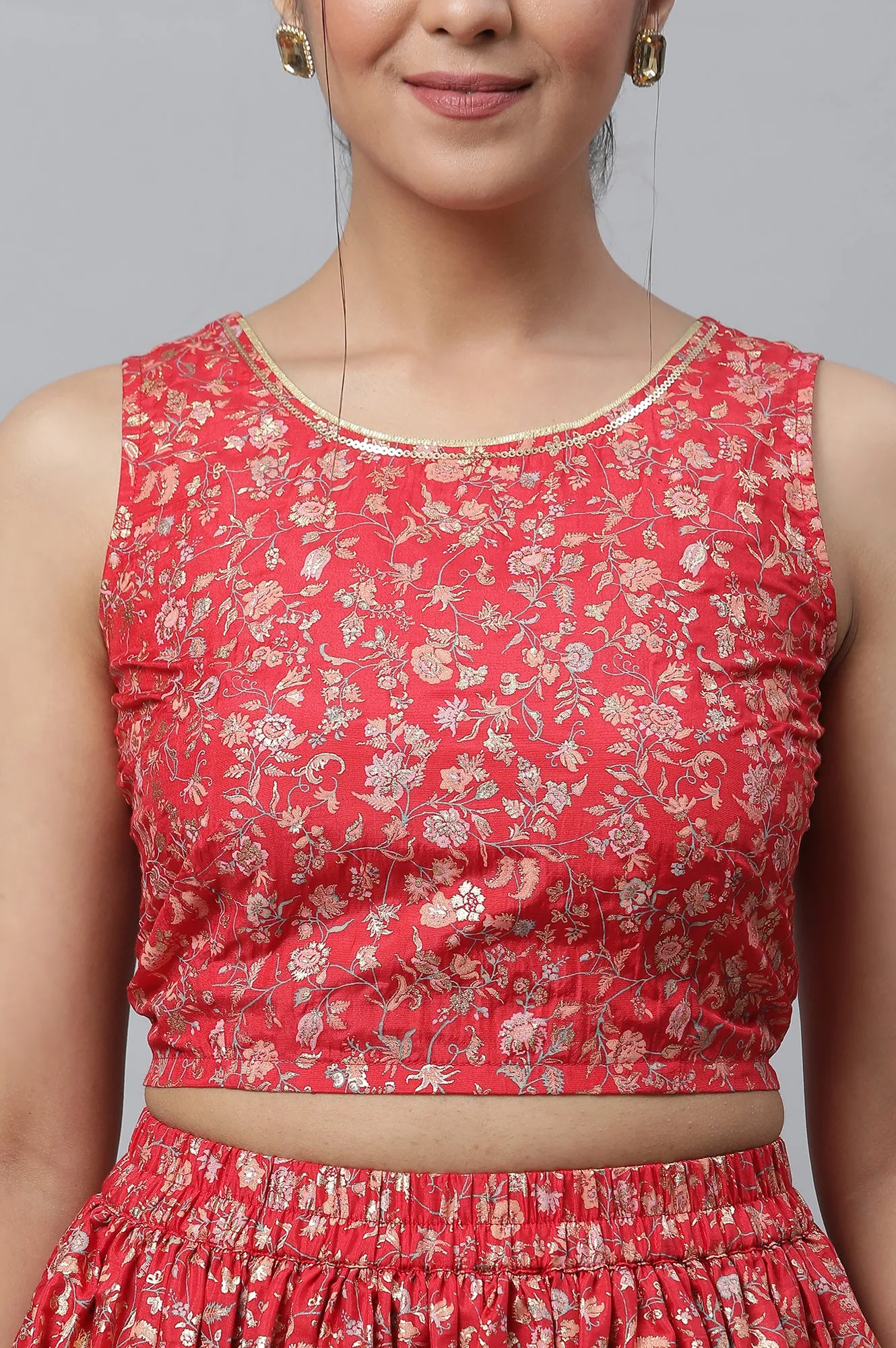 Red Embellished Kurta, Inner Crop Top and Flared Skirt Set