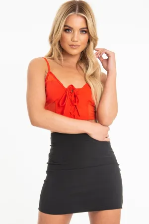 Red Lace Up Mesh Detail Plunge Crop Top - Mimi