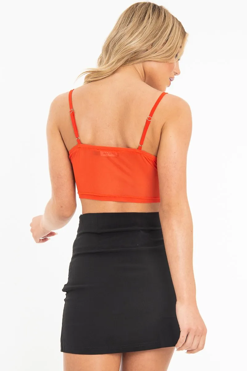 Red Lace Up Mesh Detail Plunge Crop Top - Mimi