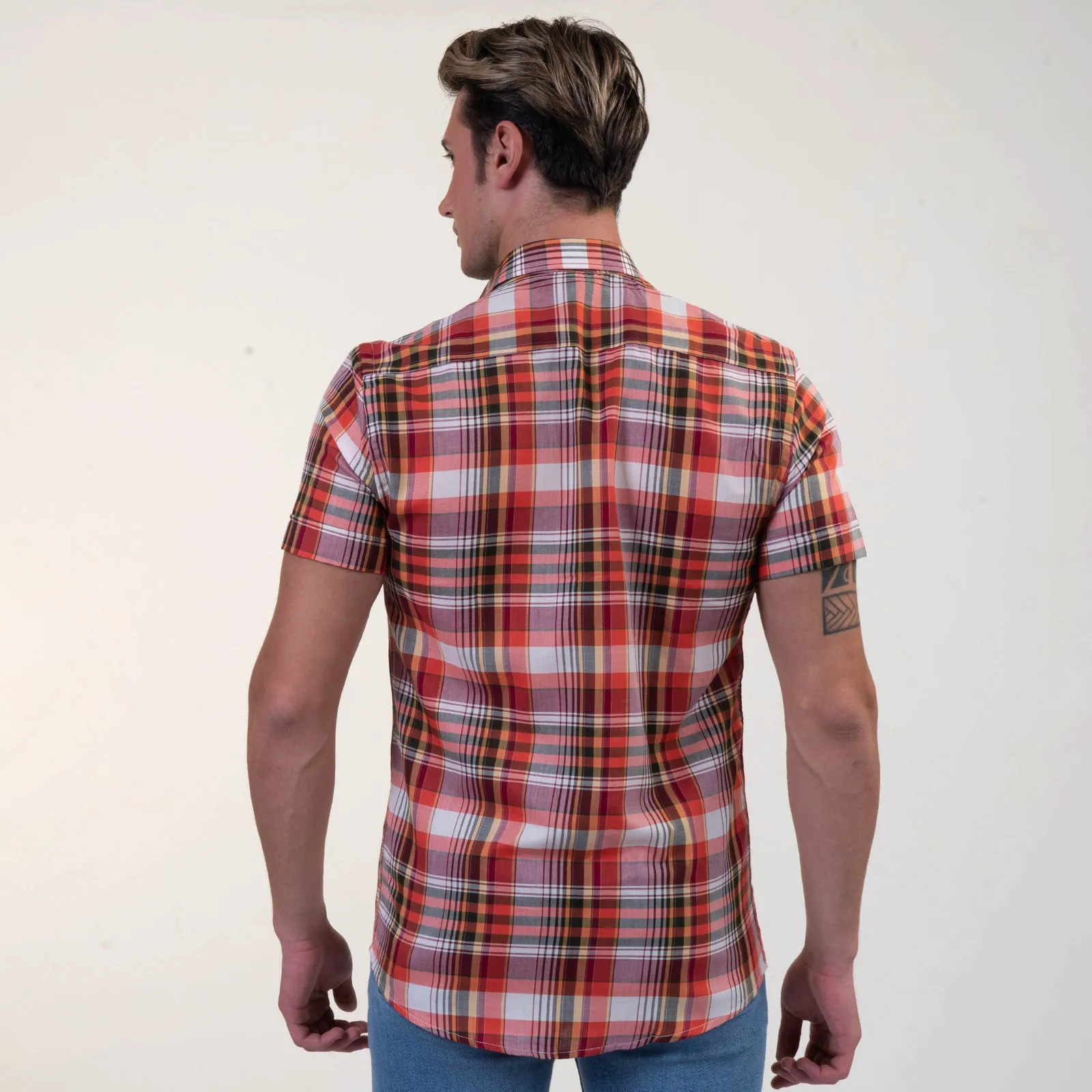 Red Plaid Nova Check Mens Short Sleeve Button up Shirts - Tailored Slim Fit Cotton Dress Shirts