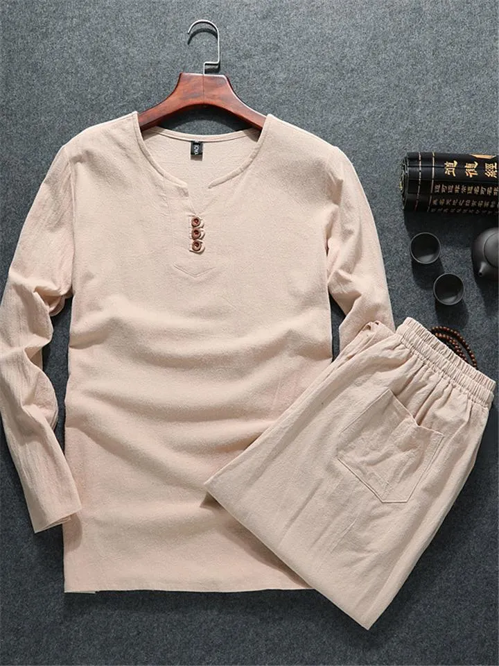 Relaxed Fit 2-Piece Outfit Notched Neck Slit Hem Shirt   Elastic Waistband Full-Length Pants