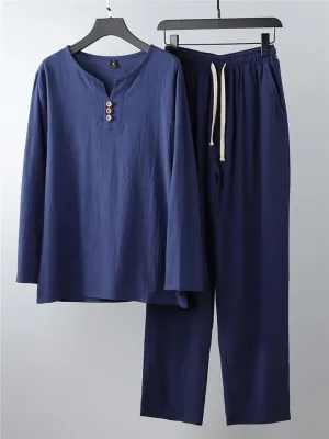 Relaxed Fit 2-Piece Outfit Notched Neck Slit Hem Shirt   Elastic Waistband Full-Length Pants