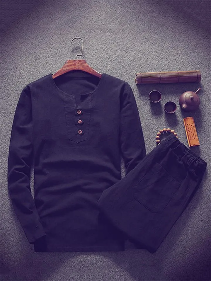 Relaxed Fit 2-Piece Outfit Notched Neck Slit Hem Shirt   Elastic Waistband Full-Length Pants