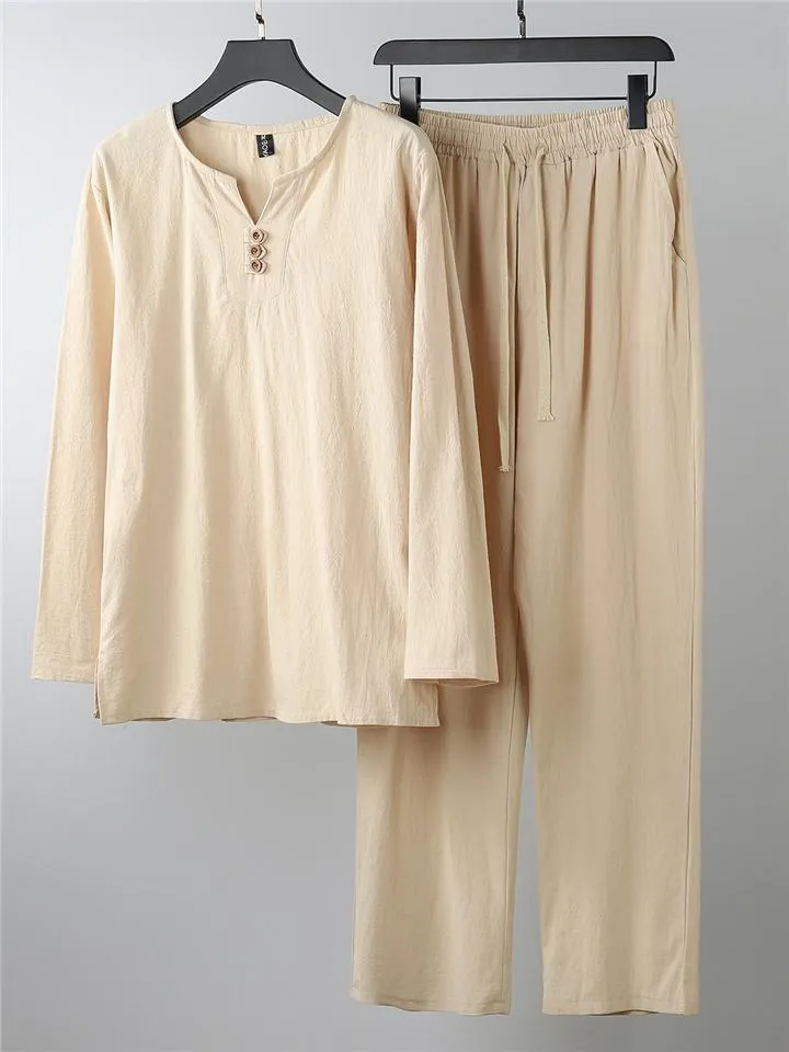 Relaxed Fit 2-Piece Outfit Notched Neck Slit Hem Shirt   Elastic Waistband Full-Length Pants