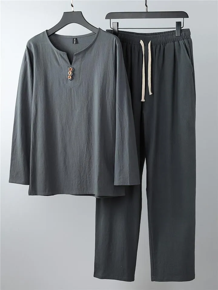 Relaxed Fit 2-Piece Outfit Notched Neck Slit Hem Shirt   Elastic Waistband Full-Length Pants