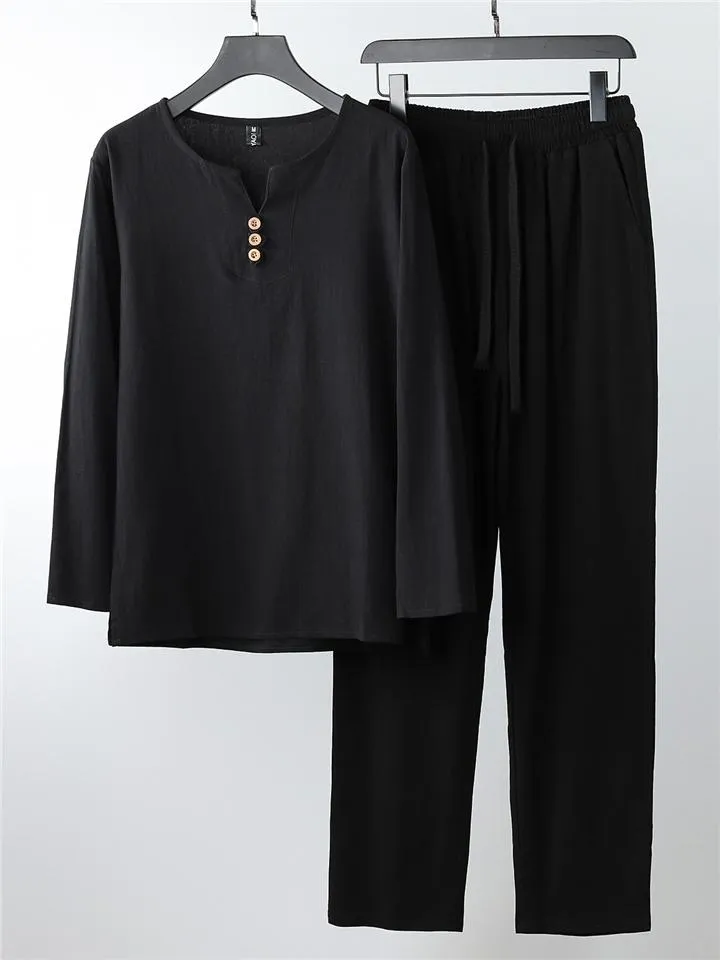 Relaxed Fit 2-Piece Outfit Notched Neck Slit Hem Shirt   Elastic Waistband Full-Length Pants