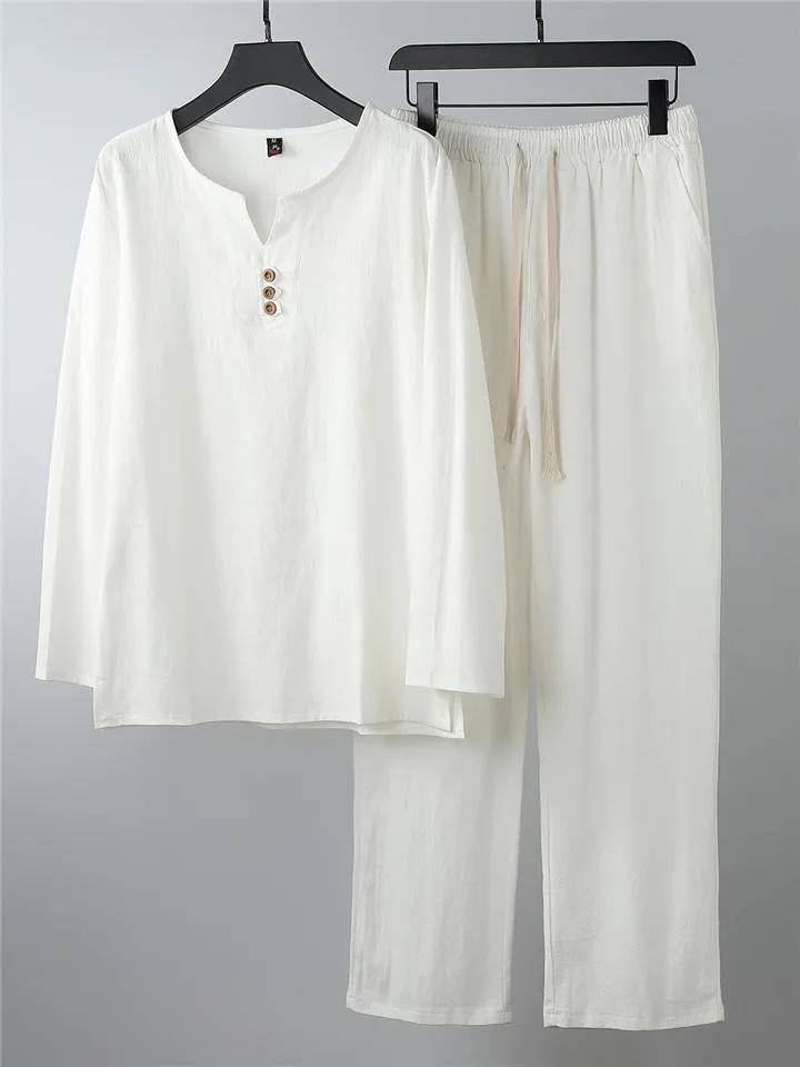 Relaxed Fit 2-Piece Outfit Notched Neck Slit Hem Shirt   Elastic Waistband Full-Length Pants