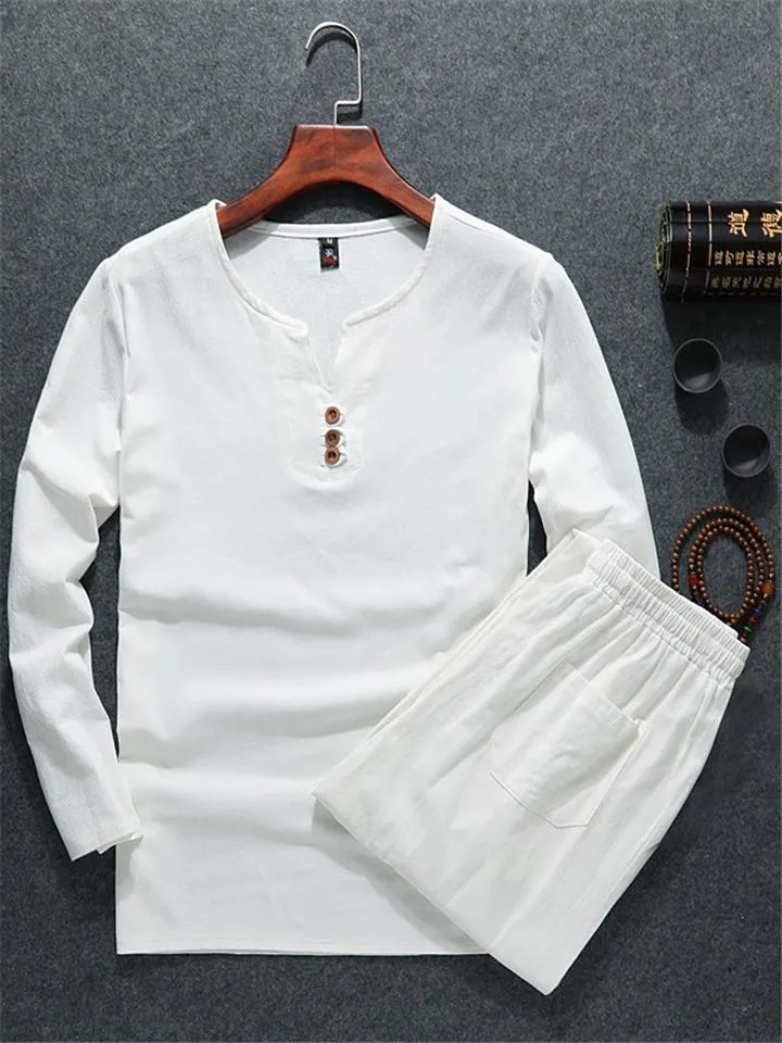 Relaxed Fit 2-Piece Outfit Notched Neck Slit Hem Shirt   Elastic Waistband Full-Length Pants