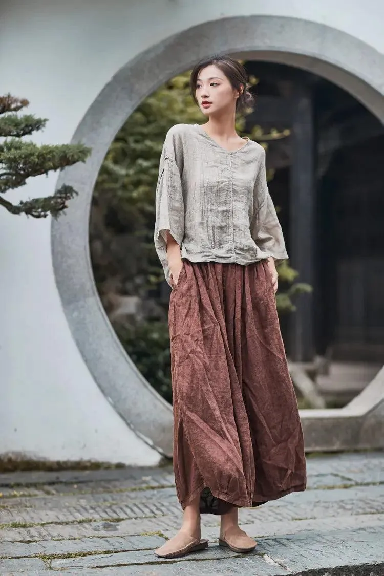 Retro Style Wide Leg Brown Cropped Pants for Women