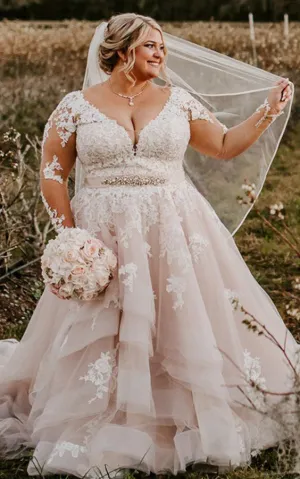 Romantic Plus Size Brush Train Long Sleeve Lace A Line Wedding Dress with Tiers-716286