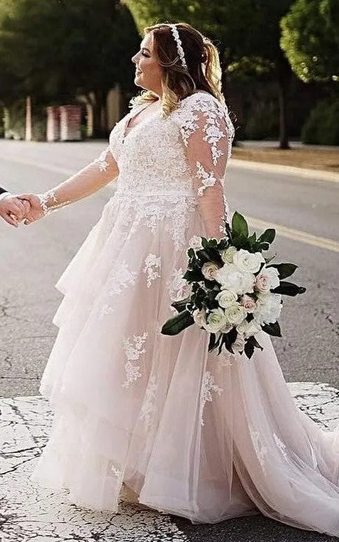 Romantic Plus Size Brush Train Long Sleeve Lace A Line Wedding Dress with Tiers-716286