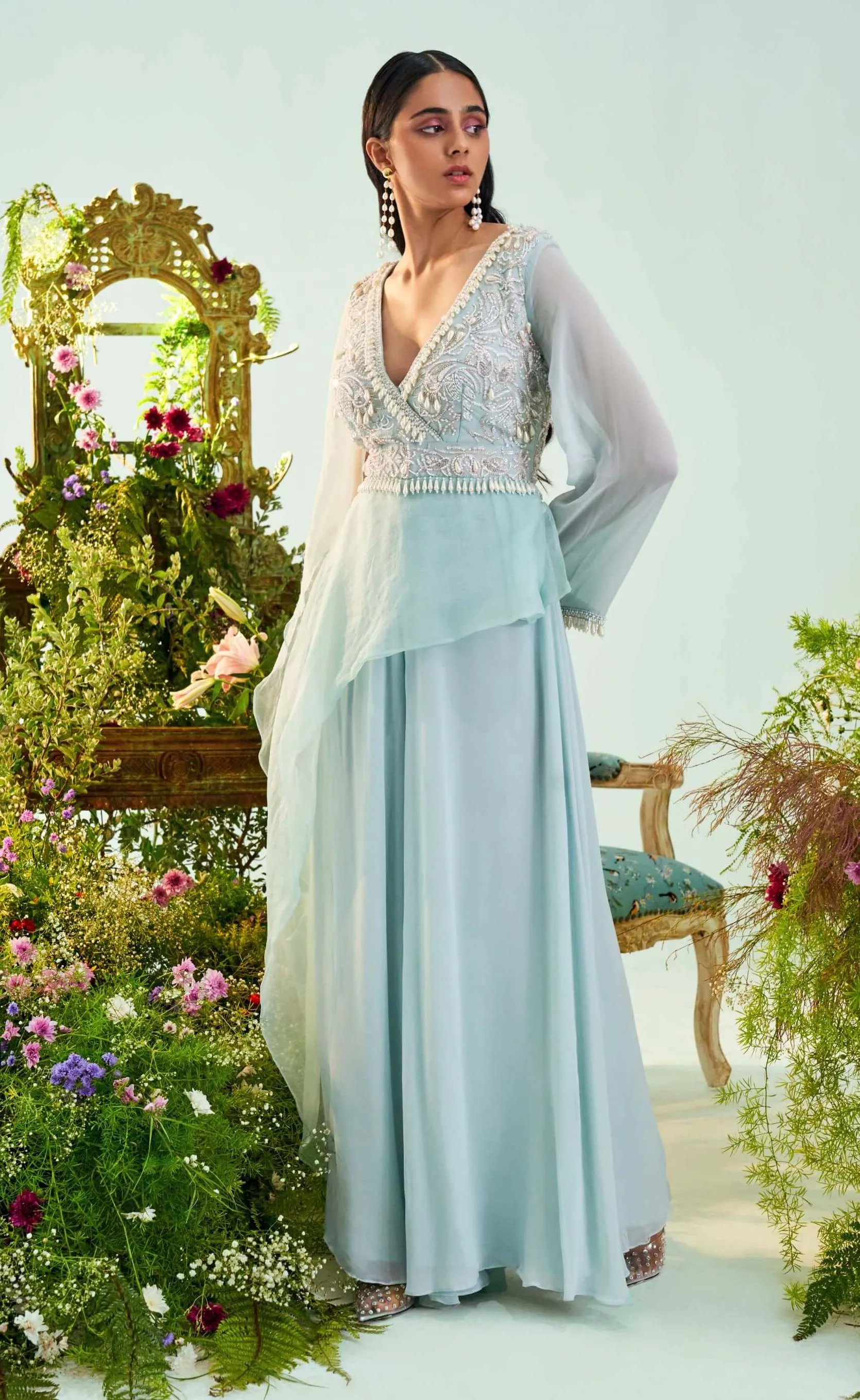 Rose Ice Blue Embroidered Jumpsuit