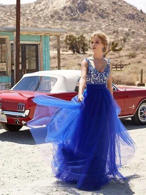 Royal blue A-line Straps Long Cheap Tulle Prom Dresses Online, TYP1357