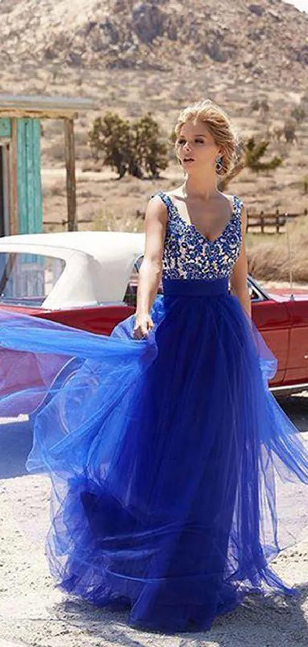 Royal blue A-line Straps Long Cheap Tulle Prom Dresses Online, TYP1357