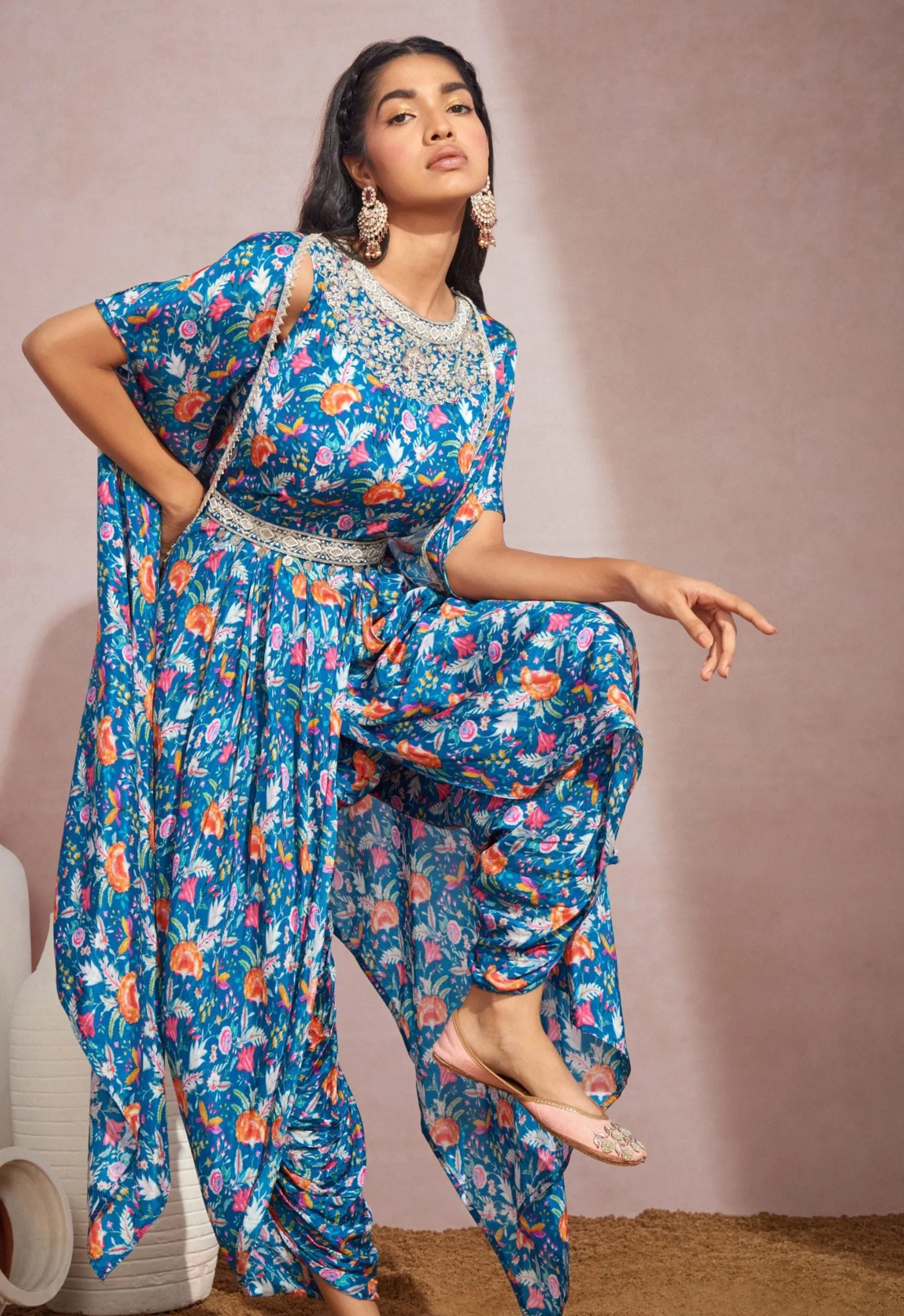 Royal Blue Floral Cape With Jumpsuit And Belt