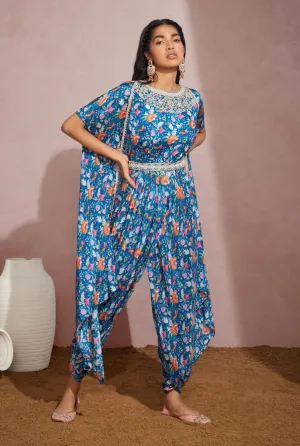 Royal Blue Floral Cape With Jumpsuit And Belt