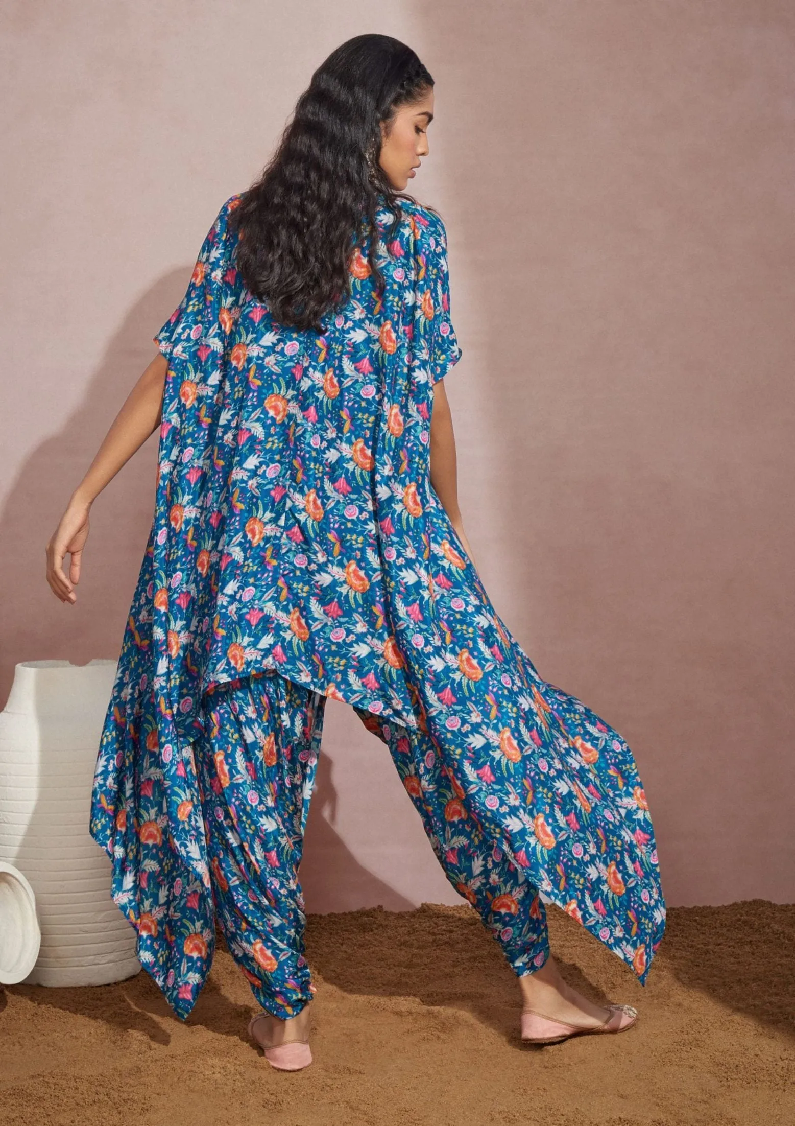 Royal Blue Floral Cape With Jumpsuit And Belt