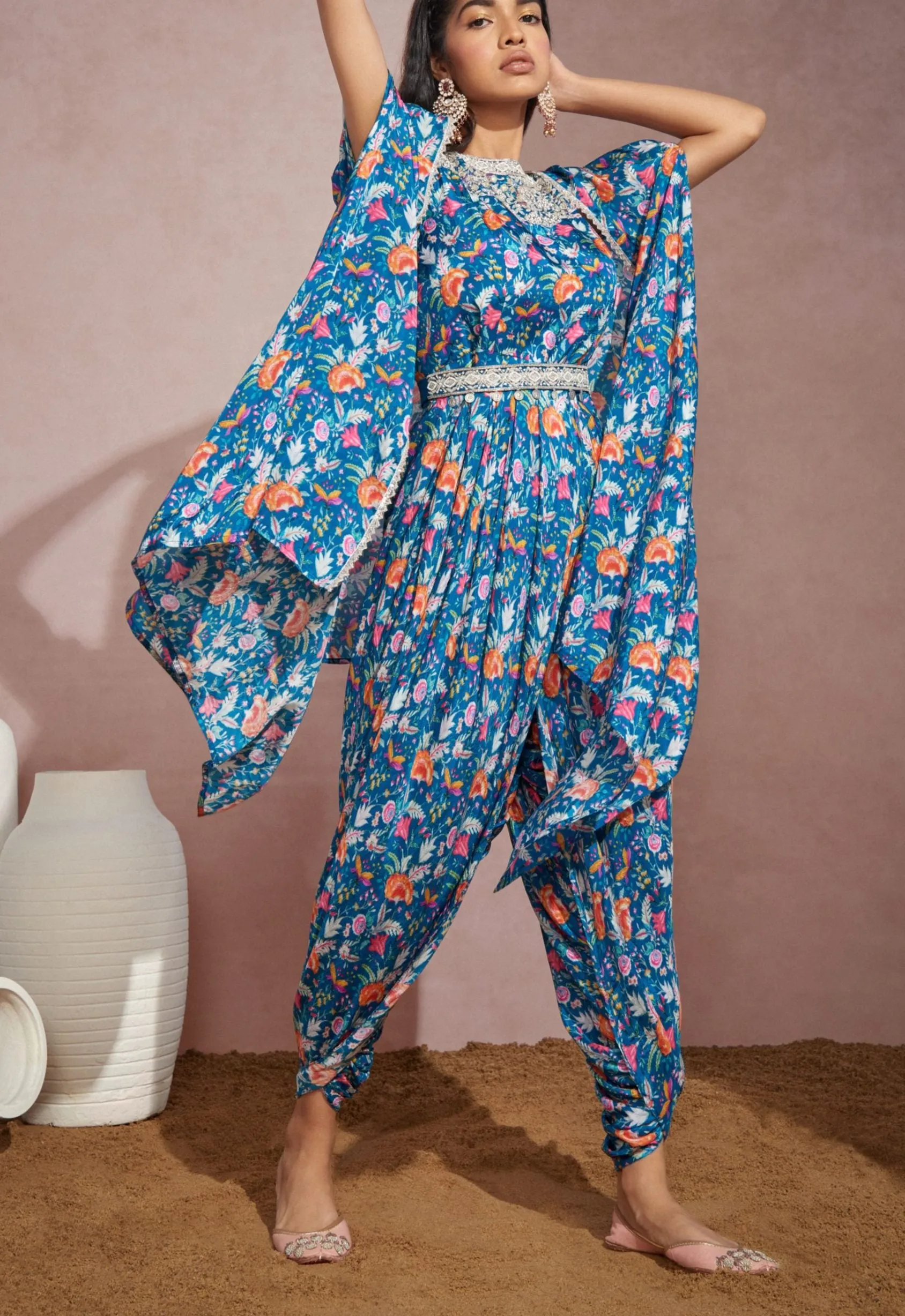 Royal Blue Floral Cape With Jumpsuit And Belt