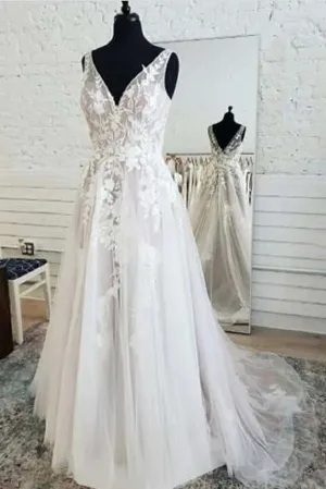 Roycebridal Fairy Tulle A-line V-neck Open Back Lace Sleeveless Long Wedding Dresses,MW471