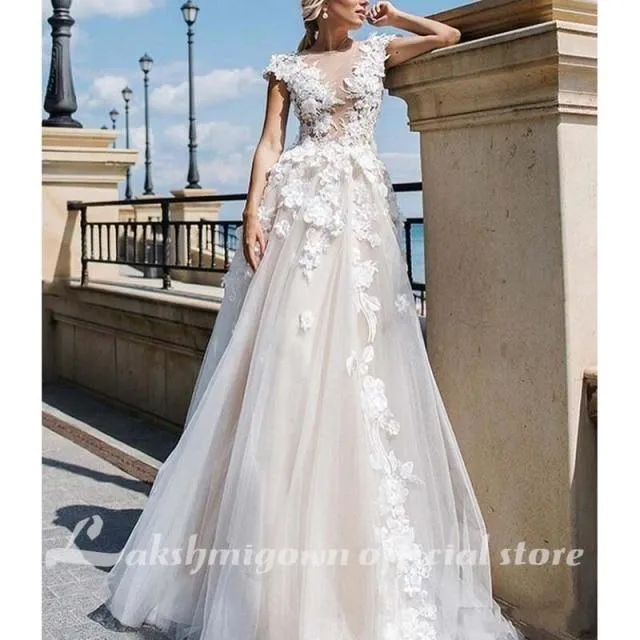 Roycebridal Gorgeous Appliques Lace Cap Sleeve Wedding Dresses