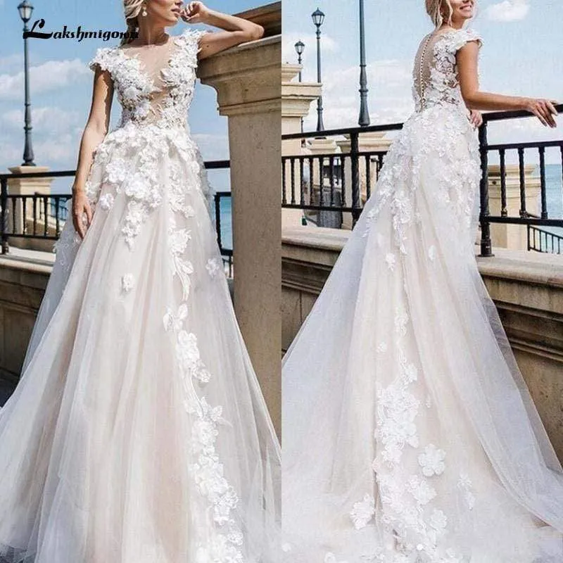 Roycebridal Gorgeous Appliques Lace Cap Sleeve Wedding Dresses