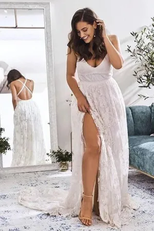 Roycebridal Ivory Lace A-line V-neck Cross Back Wedding Dresses with High Slit, MW550