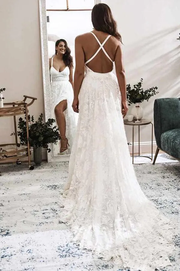 Roycebridal Ivory Lace A-line V-neck Cross Back Wedding Dresses with High Slit, MW550