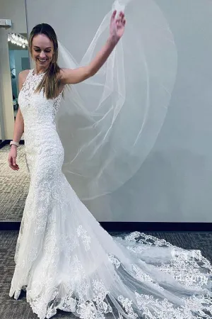 Roycebridal Ivory Lace Tulle Mermaid Round Neck Wedding Dresses With Court Train, MW654