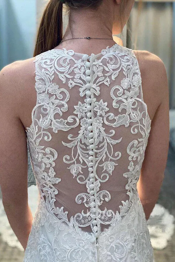 Roycebridal Ivory Lace Tulle Mermaid Round Neck Wedding Dresses With Court Train, MW654