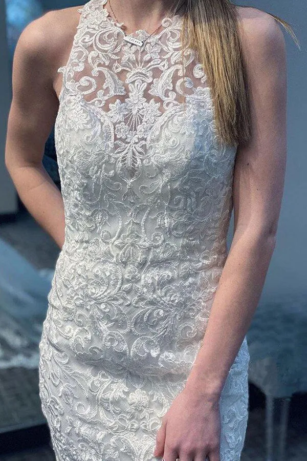 Roycebridal Ivory Lace Tulle Mermaid Round Neck Wedding Dresses With Court Train, MW654
