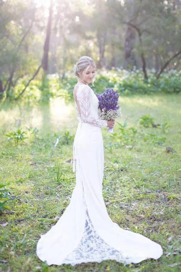 Roycebridal Ivory Satin Lace Sheath V-neck Long Sleeves Wedding Dresses, Bridal Gown, MW578
